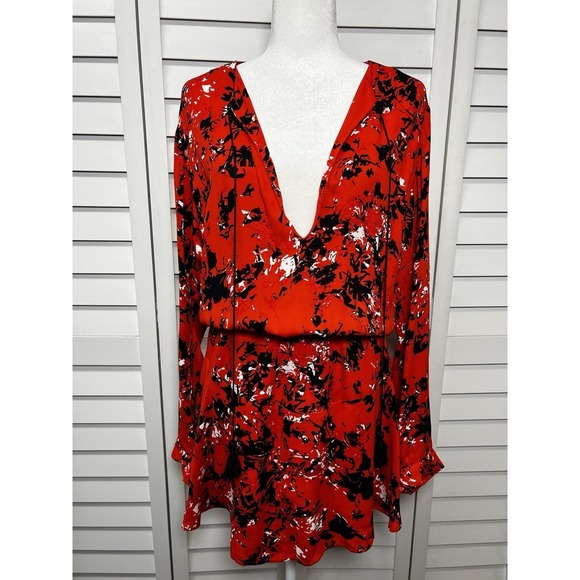 Karina Grimaldi Pilar Print Long Sleeve Deep V-Neck Blouson Mini Dress Medium - Picture 2 of 10